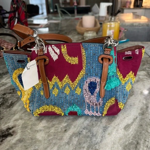 Ralph Lauren MINI SOFT RICKY EMBELLISHED TOP HANDLE BAG IN NAVY MULTI NWT - Picture 3 of 10